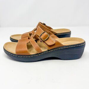 Clarks Merliah Pearl Leather Sandals Women's 10 Tan Wedge Slip on Comfort